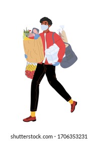 Young guy in a medical mask and gloves with shopping bags.