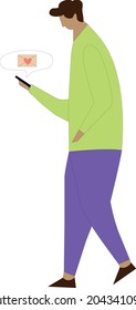 Young guy with mobile phone in hand. Boy reading love message. Online dating, reading, chatting. Smartphone and internet addiction. Vector flat illustration