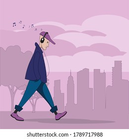 A young guy on the go listens to music with headphones. A silhouette of a big city.