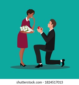 Young guy on knees proposing young beautiful girl for marriage. Man proposing to a woman standing on knee vector illustration
