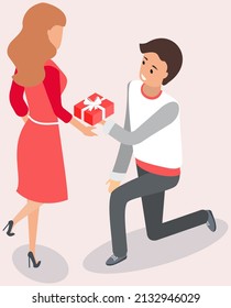 Young guy on knees proposing beautiful girl for marriage. Boyfriend makes marriage proposal to his girlfriend. People in relationships before wedding. Cartoon characters in love want to marry