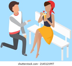 Young guy on knees proposing beautiful girl for marriage. Boyfriend makes marriage proposal to his girlfriend. People in relationships before wedding. Cartoon characters in love want to marry