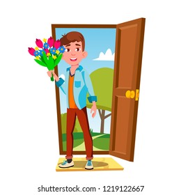 Young Guy In The Open Door With Flowers And Gift Vector. Isolated Illustration