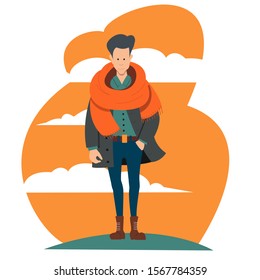 A young guy in outerwear with a large scarf in blue trousers on an abstract background. Flat vector character.
