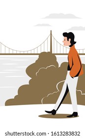 A young guy in outerwear walking along the promenade against the backdrop of the bay and bridge. Flat vector illustration.