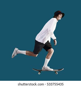 Young guy in a panama hat rides on a skateboard. Vector illustration.