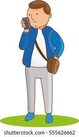 A young guy in pants and a sports jacket looking phone. The image on a white background. Flat cartoon vector illustration.