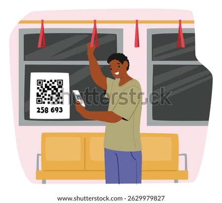 Young guy passenger scanning qr code by smartphone while traveling by subway public city transport cartoon scene. Contactless payment system to buy tickets by mobile phone vector illustration