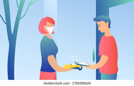 Young guy pays with PayPal. Online payment to courier, home delivery concept. Woman in courier mask.