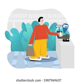 Junge Leute zahlen für Einkäufe mit einem Smartphone an der Kasse im Laden. kontaktlose Zahlung mit Smartphone. Abstrakter Mann im trendigen Stil. Illustration einzeln auf weißem Hintergrund.