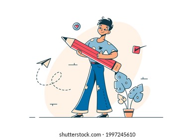 Un chico joven con una ilustración vectorial de relleno de plumas. Hombre sujetando la herramienta para escribir estilo plano. Correspondencia, concepto de documentación. Aislado sobre fondo blanco