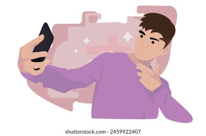 Ein junger Mann mit einer rosa Jacke macht ein Selfie auf seinem Smartphone. Der Student unterhält soziale Netzwerke. Konzept für mobile Fotografen.
