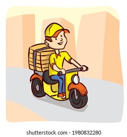 Un joven con cajas de pizza monta una moto. ¡Traición! Trabajar para un adolescente. Los adolescentes trabajan de vacaciones. Vector de dibujos a mano.