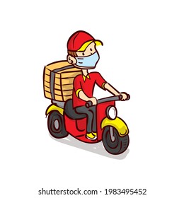 A young guy with pizza boxes rides a scooter.Courier. Deliveryman. Work for a teenager. Teenager work on vacation. Hand drawn cartoon vector.