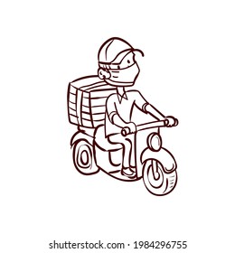 A young guy with pizza boxes rides a scooter.Courier. Deliveryman. Work for a teenager. Teenager work on vacation. Hand drawn cartoon vector.
