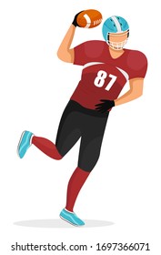 Young guy playing in american football. Player of team running. Guy dressed in red uniform and helmet. Sportsman isolated alone on white background. Vector illustration of active game in flat style