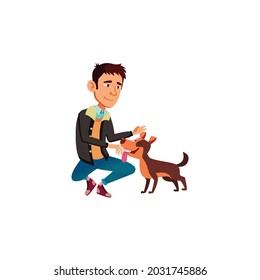 chico joven jugando con mascota de perro en el vector de dibujos animados del parque. chico joven jugando con mascota de perro en el personaje del parque. ilustración de dibujos animados planos aislados