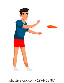 Young guy playing with flying disc isolated on white background. Teenager doing summer sport, outdoor activity, recreation at vacation. Vector character illustration competition, training, leisure