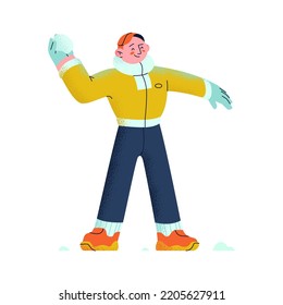 A young guy is playing snowballs. Winter activities. Wintersports. Vector Flat illustration.