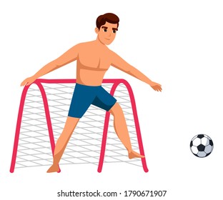 Young guy playing soccer at beach. Teenagers goalkeeper protects football goal net from ball. Summer sports competition, outdoor activity. Vector character illustration isolated on white background
