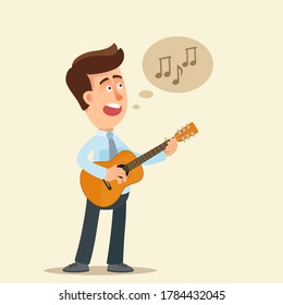 Young guy plays the classical guitar and sings a song. Hobby after work, amateur musician. Musical contest. Vector illustration, flat design, cartoon style, isolated background.