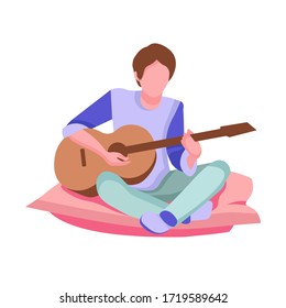 Young guy plays the guitar, musician, teenager free time, spends time on the pillow, sitting in the living room, relaxing, illustration man in the room banner template. We are sitting at home.