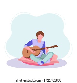 Young guy plays the guitar, musician, teenager free time, spends time on the pillow, sitting in the living room, relaxing, illustration man in the room banner template. We are sitting at home.