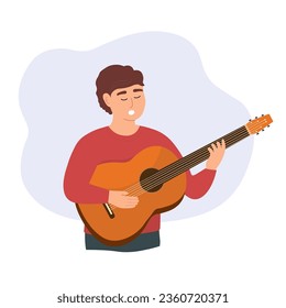 A young guy plays the guitar.
 The musician sings solo. Vector flat graphics.