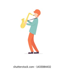 Young guy plays the saxophone jazz music. Flat vector illustration. 