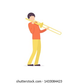 Young guy plays the trombone jazz music. Flat vector illustration. 