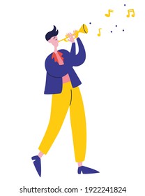 
Young guy plays the trumpet jazz music. Man Playing Melody Musician Golden Trumpet, Orchestra Performer. Music Performance Flat Cartoon Illustration
