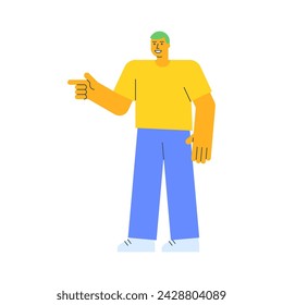 El joven señala con el dedo y sonríe. Ilustración vectorial