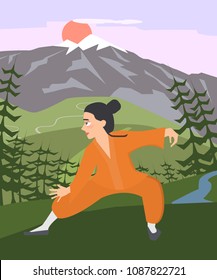 young guy practicing tai chi at mountain landscape, vector cartoon illustration in flat style