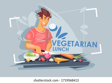a young guy is preparing lunch. Healthy diet. Healthy vegetarian food.