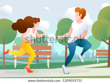 Young guy and pretty girl run in a urban park with city skyline on the background, trendy flat illustration