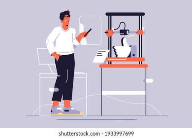 Young guy printing prototype using 3d printer vector illustration. Engineer holds tablet in hand with print interface flat style. Model development and printing concept. Isolated on grey background