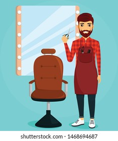 A young guy a professional hairdresser. Hairdresser in the workplace, holding a pair of scissors. Lifestyle. Flat style on blue background. Cartoon.