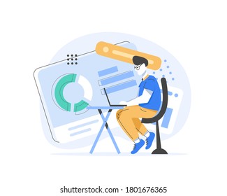 Young guy programmer freelancer working online sitting on the armchair in the office at the computer,flat design icon vector illustration