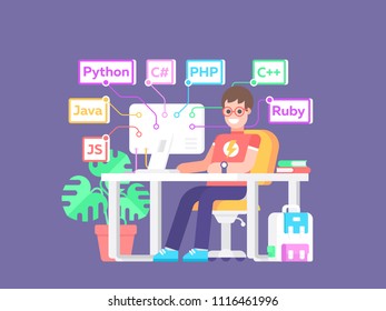 Young guy programmer sitting at computer and studying programming next to programming languages icons on white background. Vector illustration