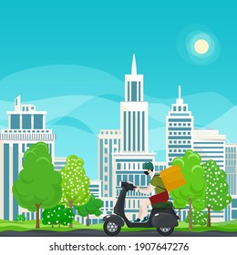Young guy in protective face mask with box for food delivery rides a gray scooter on a spring background of colorful trees and cities,online delivery service and stay home concept,vector