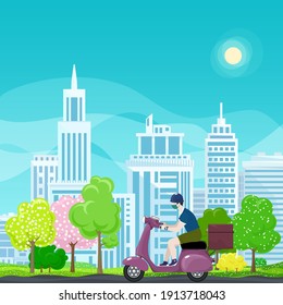 Young guy in protective face mask with thermal bag for food delivery rides a purple scooter on a spring background of colorful trees and cities, online delivery service and stay home concept