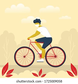 joven con máscara protectora monta una bicicleta, fondo de la naturaleza
