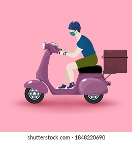 Un joven con máscara protectora monta una moto, una moto de cosecha violeta con una caja para la entrega de comida aislada en un fondo rosa pastel, servicio de entrega en línea y concepto de quedarse en casa, ilustración vectorial