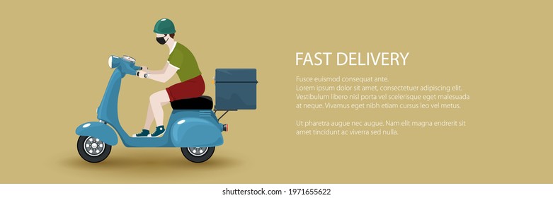 Young guy in protective mask rides a scooter, blue vintage scooter with box for food delivery isolated on a pastel green background, banner of online delivery service and stay home concept, vector