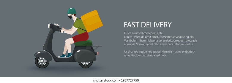 Young guy in protective mask rides a scooter, gray vintage scooter with thermal bag for food delivery isolated on a gray background, banner of online delivery service and stay home concept