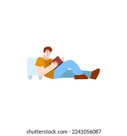 A young guy is reading a book leaning on the sofa. The boy lies on the floor and rests for his favorite hobby. Vector illustration in cartoon style