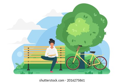 Young guy reading a book in a park near the bike vector illustration