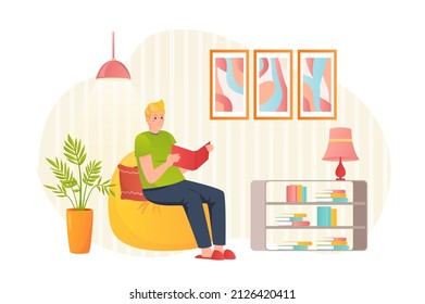 Young guy reading books flat concept people scene. Man reads novel while sitting in armchair in cozy room. Student studying textbook and preparing to exam. Vector illustration for web banner design