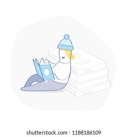 Young guy reads book leaning on books, study and knowledge, education and research, literature fans or lover concept. Cute cartoon vector illustration doodle on white.