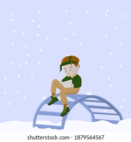 
a young guy reads a book in a winter evening on a swing, card for a distant friend